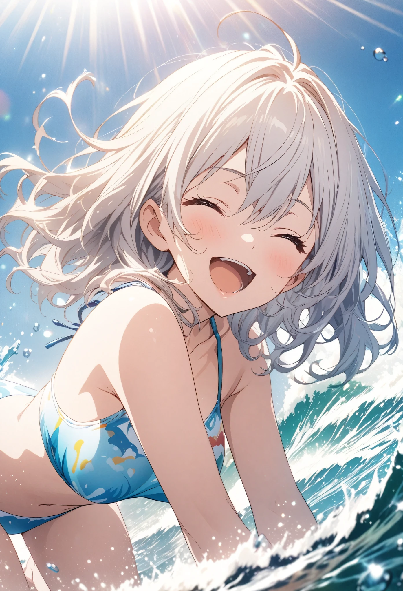 ((Two Girls)), ((Surfing on a big wave)), masterpiece, Highest quality, Highly detailed CG Unity 8K wallpapers, High  Girl Anime Illustration. Please wear a cute bikini swimsuit.., Piece Pose, She closes her eyes and opens her mouth wide, smile. white hair color, Yellow Eyes, Bokeh, Spotlight Light, In the background is a large outdoor pool with sunlight streaming in.., pastel blue sky, splash, Water Drop, Bokeh photo, (Soft Focus): 1.2, Out of focus highlights, Dreamy atmosphere, Fascinating Depth