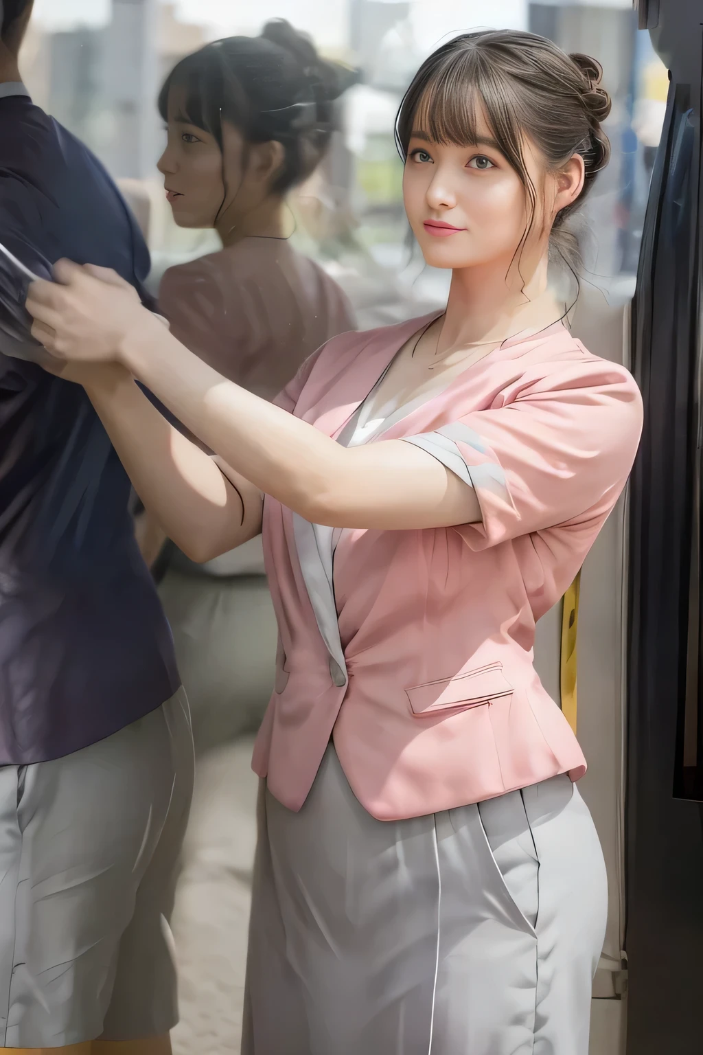 (masterpiece:1.2, Highest quality:1.2), 32k HDR, High resolution, (alone、1 girl)、(On the roof of a building in the daytime、Professional Lighting)、Building rooftop background、(Nankai train crew uniform pinkを着たリアルスタイル)、(Nankai Railway crew uniform, pink, short sleeve, collarless, pink jacket、No-collar short-sleeve blouse、Grey knee-length culottes)、((The bottom of the pink short-sleeved jacket cannot be tucked into the clay-colored culottes..))、Dark brown hair、(Hair tied up、Chignon)、Dark brown hair、Long Shot、Big Breasts、Thin legs、((Great hands:2.0)),((Harmonious body proportions:1.5)),((Normal limbs:2.0)),((Normal finger:2.0)),((Delicate eyes:2.0)),((Normal eyes:2.0)))、smile、(A beautiful figure showing off the Nankai Railway crew uniform)、Bring your hands down