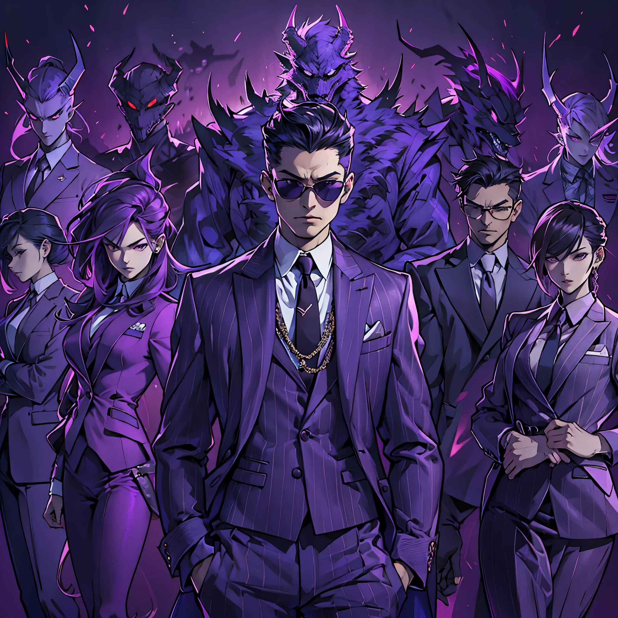 MBTI Commander Image、Several women and men in purple suits。Intimidating aura。Stylish and cool、Pose like a fashion model。The background has a demonic feel to it.。