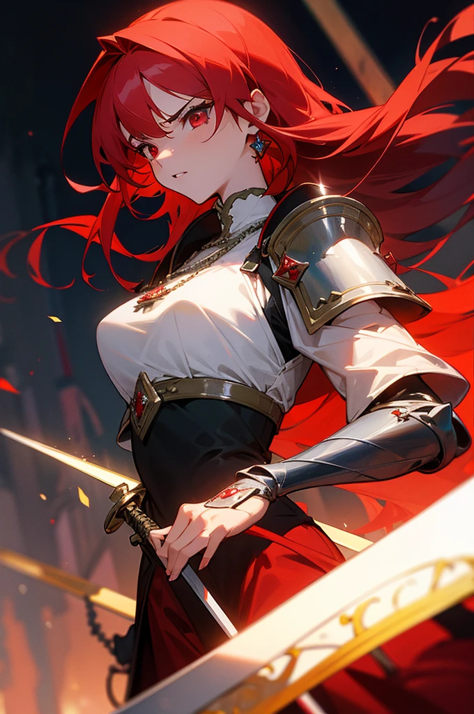 4k,hight resolution,One Woman,Bright red hair,Longhaire,red eyes,knights,white sacred armor,jewel decorations,Big sword,medieval town,furious,

