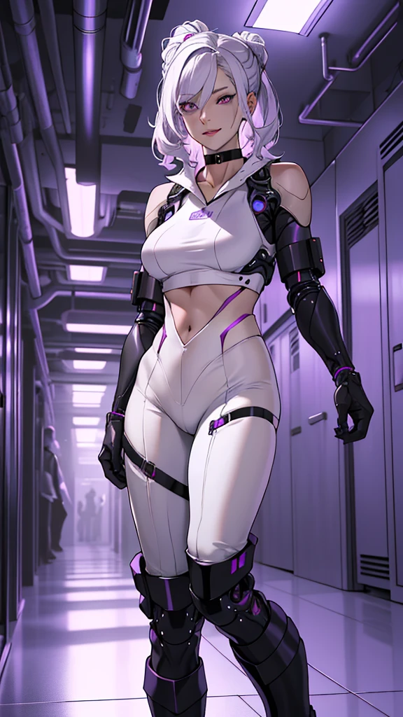 masterpiece, best quality, highres, highly detailed, ((sexy fit waifu:1.3)), plump medium breasts, pale pink skinned girl, pinkish lips and pinkish eye-shadow, blacked-out eyes, long straight silvery white hair, (black choker), (formfitted purple croptop), (purple form-fitting pants), (thigh high cybernetic boots), she walks menacingly down a demily lit scifi ship corridor. With a evil smirk on her pretty face.