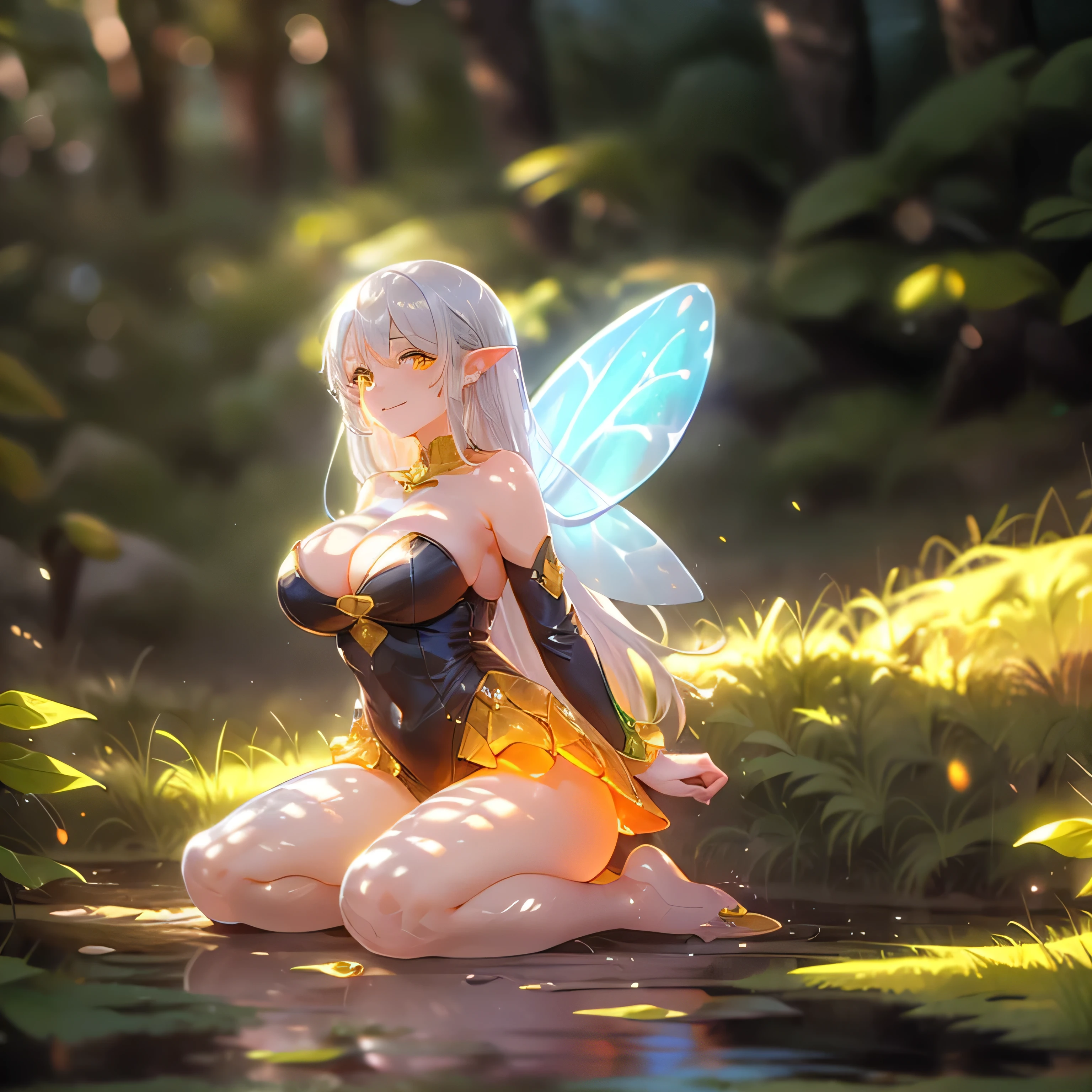 1girl, bare shoulders, fairy wings, breasts, cleavage, clothing cutout, fairy girl, head wings, large breasts, leotard, long hair, long sleeves, looking at viewer, mole, silver hair, smile, outdoors, yellow eyes, full body, blue skirt. BREAK (Slime), lovely, Red, yellow, and green Slime, Big eyes, waterfall, in grass, afternoon, blue sky, sunlight, 12:29 PM
