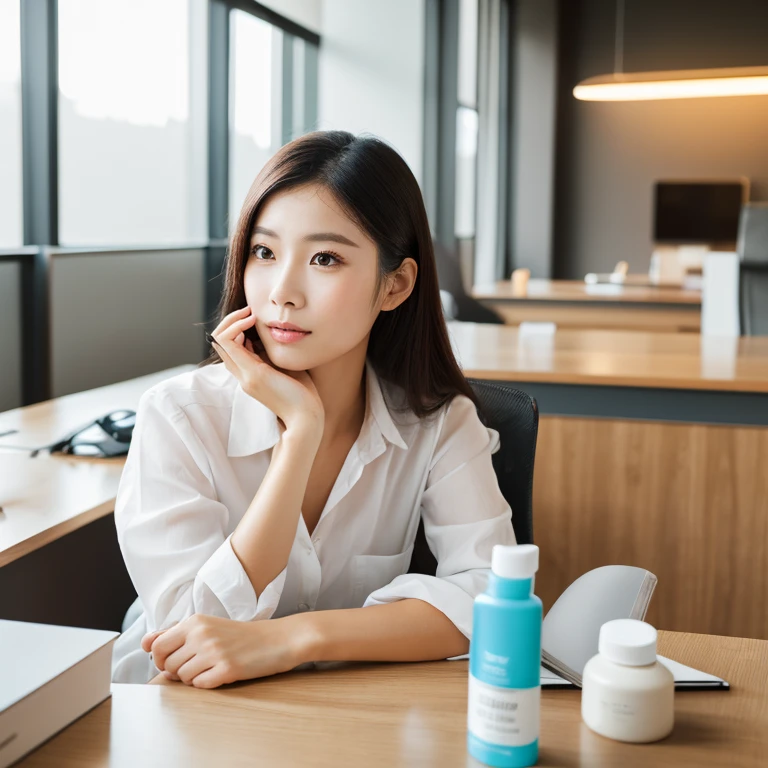 A photo of an Asian woman in an modern office, with a lotion bottle on the desk. The office is professional with modern furniture and natural lighting. The woman has a serene and focused expression, 8k, masterpiece, score_9, (natural skin:1.2), (skin texture:1.2), (raw photo:1.2), (perfect hands:1.2)