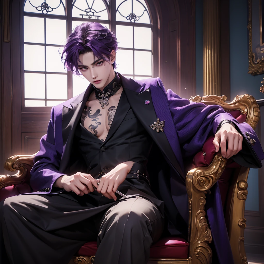 purple hair, there is a man sitting on a snow king throne cross legs in a castle, sakimichan, cai xukun, inspired by Zhang Han, handsome anime pose, sakimichan frank franzzeta, delicate androgynous prince, beautiful androgynous prince, inspired by Yanjun Cheng, anime handsome man, (sfw) safe for work, black suit, tattoo's on arms