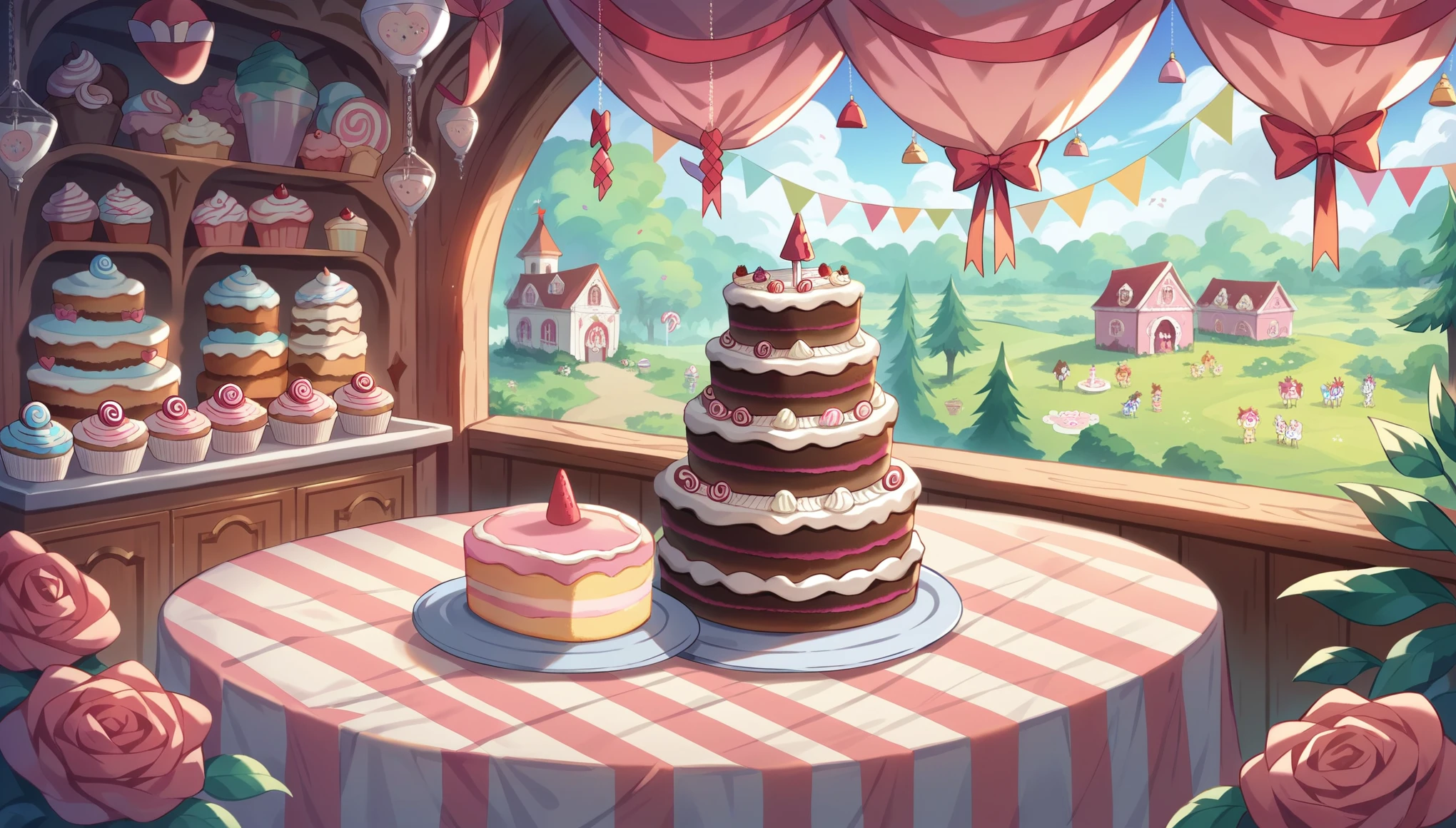A table covered with a pink tablecloth is lined with cakes and desserts., in a candyland style house, Fantasy Bakery, Candy Forest, Magical realm, candyland, Fantasy Bakery interior setting, cute:2, Fairey Palace, sweets, birthday, Alice joins Mad Tea , in a Candy Forest! At night, Katamari Damasy, Decorated height
