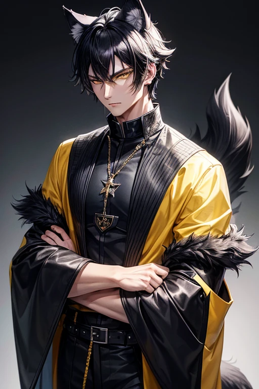 Masterpiece, best quality, high resolution, short fashionable jet black hair, tall, handsome, piercing yellow wolf like eyes, dark blue highlights in short black hair, black wolf ears, fluffy black wolf tail, cold expression, crossing arms.