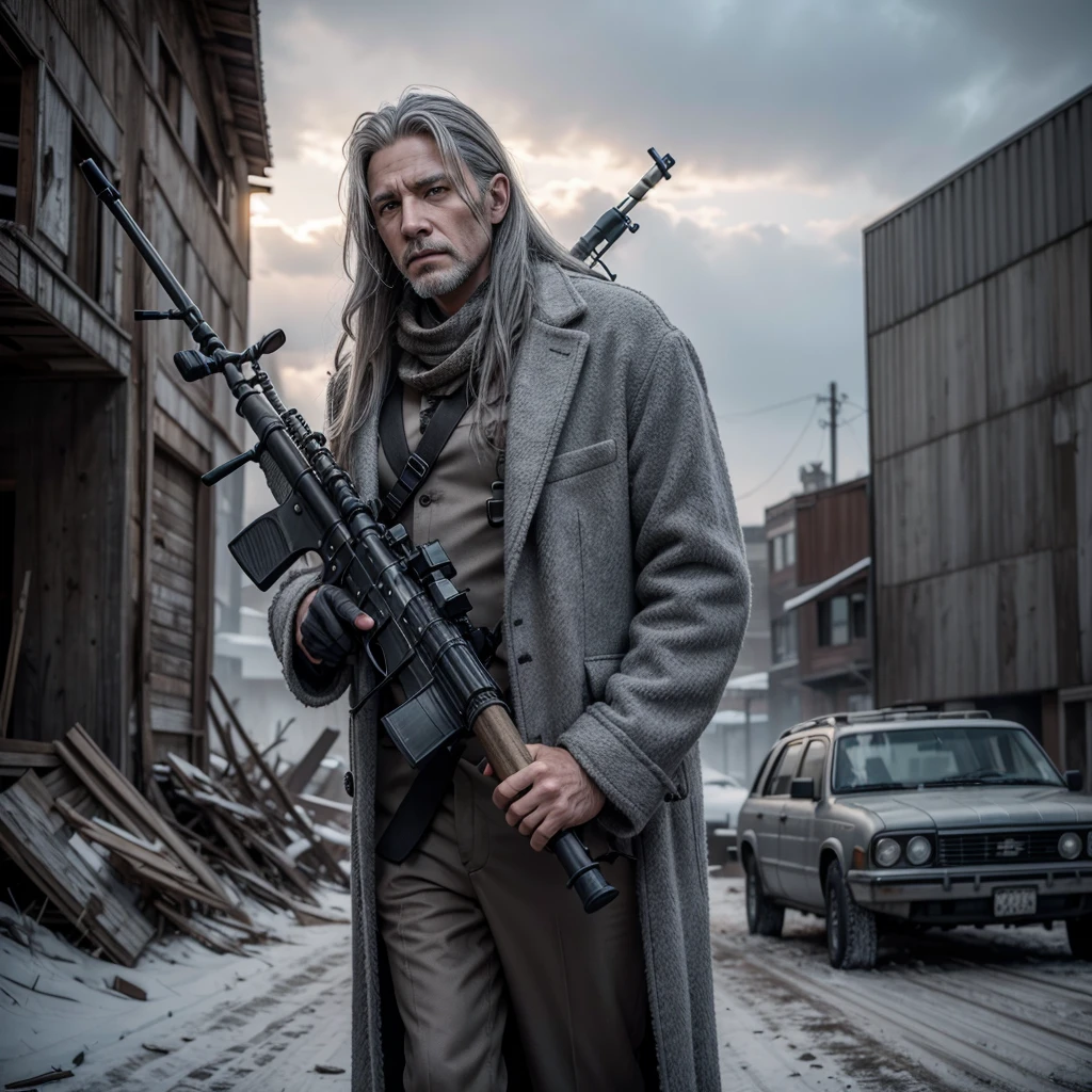 40 year old man with long gray hair wearing a gray overcoat holding a hunting rifle in a post apocalyptic setting