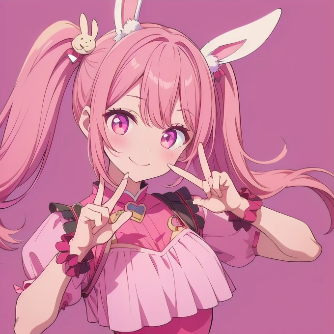 One girl、Big Peace Sign、Small breastsm、Simple Background、smile、Bunny ears、Slanted Eyes、Twin tails、Pink Hair、Idol Costumes