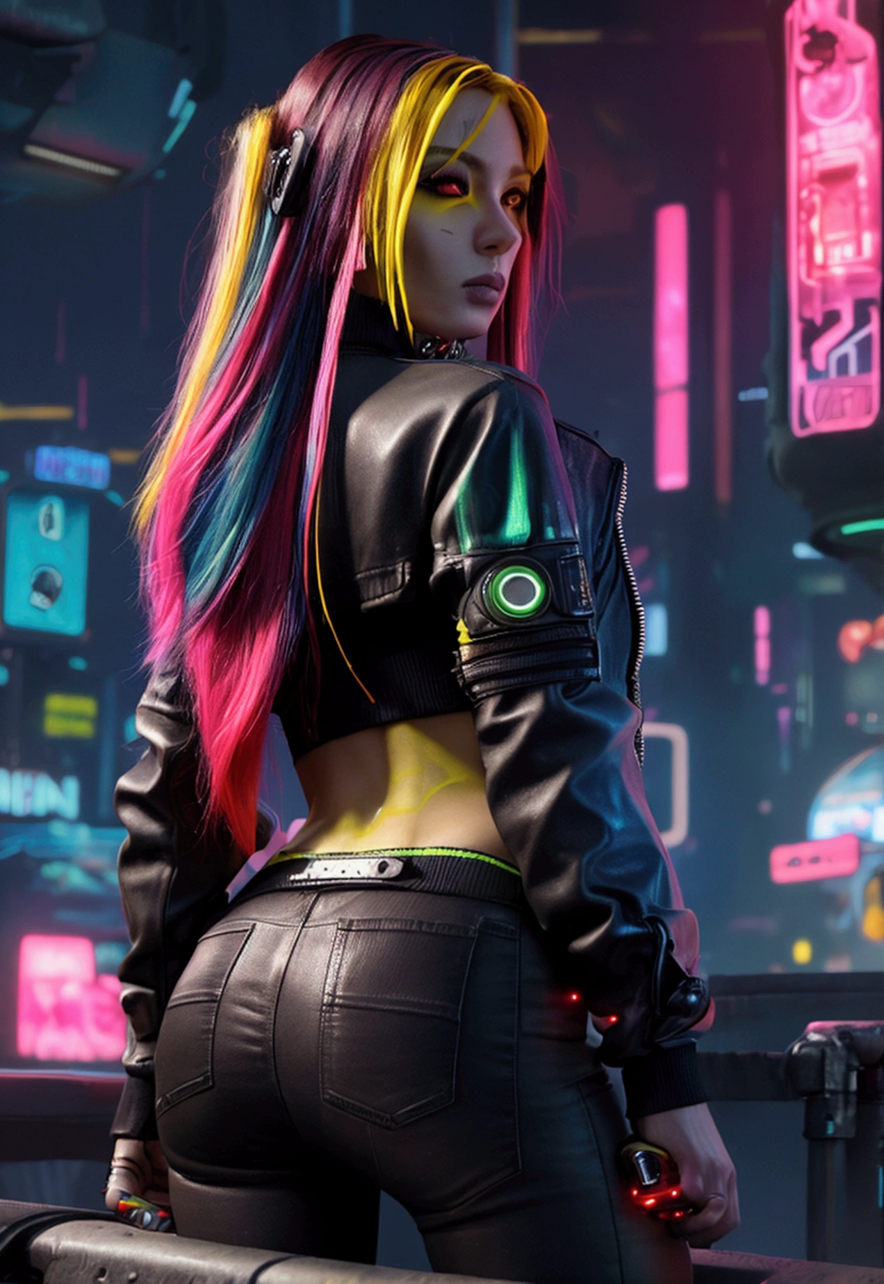unreal engine:1.4,UHD,The best quality:1.4, photorealistic:1.4, skin texture:1.4, masterpiece:1.8,posing from behind Hermosa mujer, Red hair, black leather jacket, sexy, long breasts, cyberpunk style, Realistic details, fence, black leather jacket portrait,white jeans Short jeans,,beautiful fine hands ,(cyberpunk:1.4),(multicolored hair+rosado:1.3+yellow:1.3),lingerie cyberpunk, Mysterious night,(detailed:1.4),(Special station:1.4),
