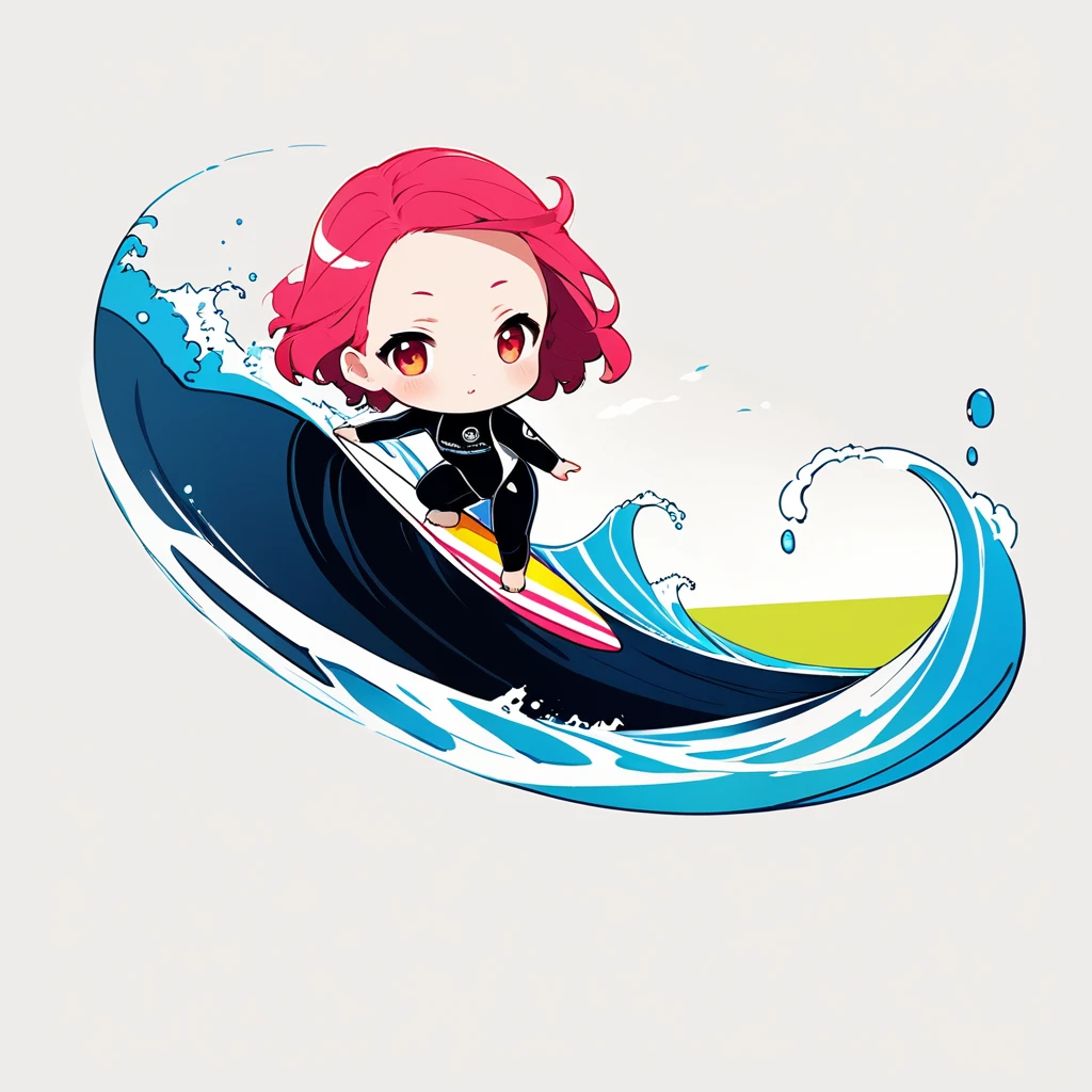 ultra-small deformation, Chibi Cute, 1girl, solo, full body, professional surfer, wet suit, surfing on top of her surfboard in tube of wave, High contrast and vivid color, simple background