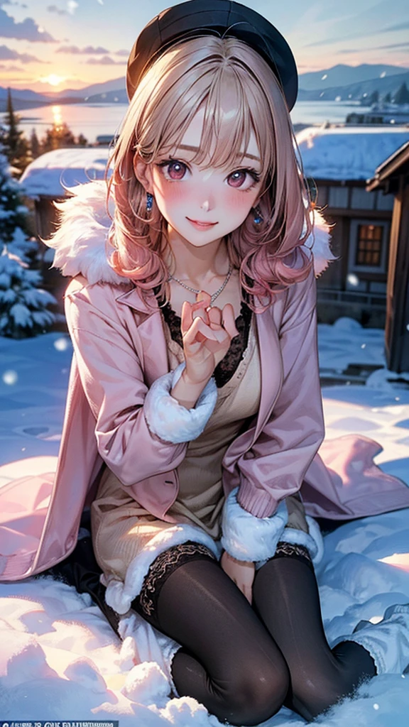 (masterpiece:1.3, Highest quality, Ultra-high resolution, Super detailed), (Realistic, photoRealistic:1.4), Beautiful illustrations, Perfect lighting, Natural light, colorful, Depth of written boundary, 
Beautiful detailed hair, Beautifully detailed face, Beautiful attention to detail, Beautiful clavicle, Beautiful body, Beautiful breasts, Beautiful thighs, Beautiful feet, Beautiful fingers, 
View your viewers, whole body, 1 girl, Princess, Perfect Face, (Perfect Anatomy, Anatomically correct), Cute and symmetrical face, Baby Face, Glowing Skin, (Tsundere:1.3), 
({short hair | Long Hair}, Curly Hair, Light pink hair), bangs, Brown eyes, Droopy eyes, Long eyelashes, (Medium chest), thin, hair ornaments, Lace-trimmed hairband, necklace, Earrings, 
((Pink jacket), sweater, loose socks, ), Sleeves are longer than the wrist, White Hat, Leg warmers, jewelry, Fur trim, pom-pom (Clothes), socks, pantyhose, Long sleeve, White fur trim_boots, 
(Beautiful views), evening, Mountain, snow, winter, (snowing:1.2), snowflakes, Dynamic pose, (Captivating smile, Upward glance, Lips parted),