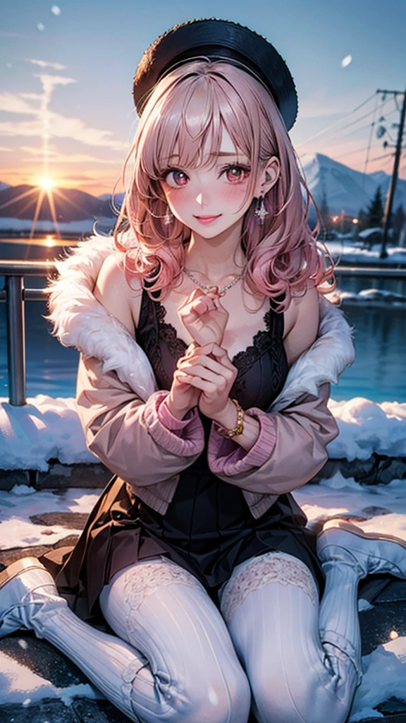 (masterpiece:1.3, top-quality, ultra high res, ultra detailed), (realistic, photorealistic:1.4), beautiful illustration, perfect lighting, natural lighting, colorful, depth of fields,
beautiful detailed hair, beautiful detailed face, beautiful detailed eyes, beautiful clavicle, beautiful body, beautiful chest, beautiful thigh, beautiful legs, beautiful fingers,
looking at viewer, full body, 1 girl, princess, perfect face, (perfect anatomy, anatomically correct), cute and symmetrical face, face, shiny skin, (tsundere:1.3),
({short hair | long hair}, curly hair, light pink hair), bangs, brown eyes, drooping eyes, long eye lasher, (medium breasts), slender, hair ornament, lace-trimmed hairband, necklace, earrings,
((pink jacket), sweater, loose socks, ), sleeves past wrists, white headwear, leg warmers, jewelry, fur trim, pom pom (clothes), socks, pantyhose, long sleeves, white fur-trimmed_boots,
(beautiful scenery), evening, mountain, snow, winter, (snowing:1.2), snowflakes, dynamic pose, (seductive smile, upper eyes, parted lips),