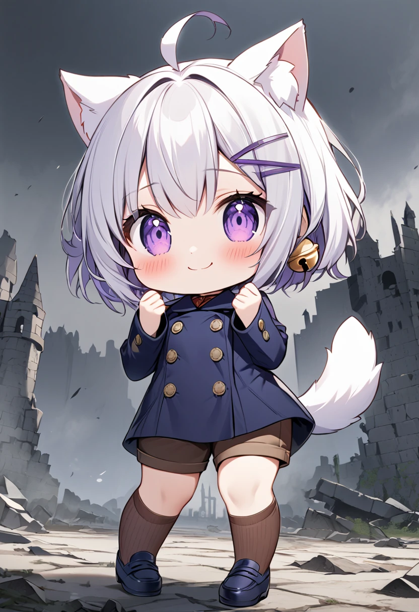 master piece, best quality, ultra-detailed, illustration, 1girl, solo, chibi, (big head), cute pose, front view, looking at viewer, ((full body Close up)), Filiansailor, (purple hairclip:1.5), (hair bell:1.5), white hair, short hair, cat ears, ahoge, purple eyes, blush, smiling, fluffy tail, ((dark blue 6buttons peacoat)), long sleeves, brown knee length shorts, brown knee socks, (dark blue shoes) , battlefield background, gloomy atmosphere, broken castle, broken walls, broken windows