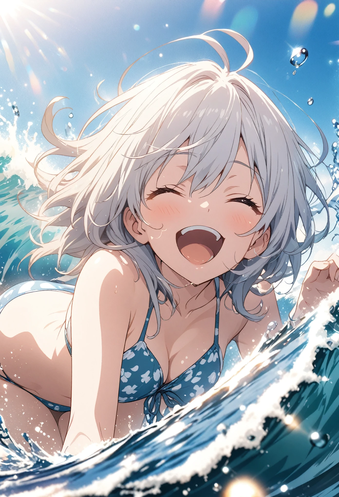 ((Two Girls)), ((Surfing on a big wave)), masterpiece, Highest quality, Highly detailed CG Unity 8K wallpapers, High School Girl Anime Illustration. Please wear a cute bikini swimsuit.., Piece Pose, She closes her eyes and opens her mouth wide, smile. white hair color, Yellow Eyes, Bokeh, Spotlight Light, In the background is a large outdoor pool with sunlight streaming in.., pastel blue sky, splash, Water Drop, Bokeh photo, (Soft Focus): 1.2, Out of focus highlights, Dreamy atmosphere, Fascinating Depth