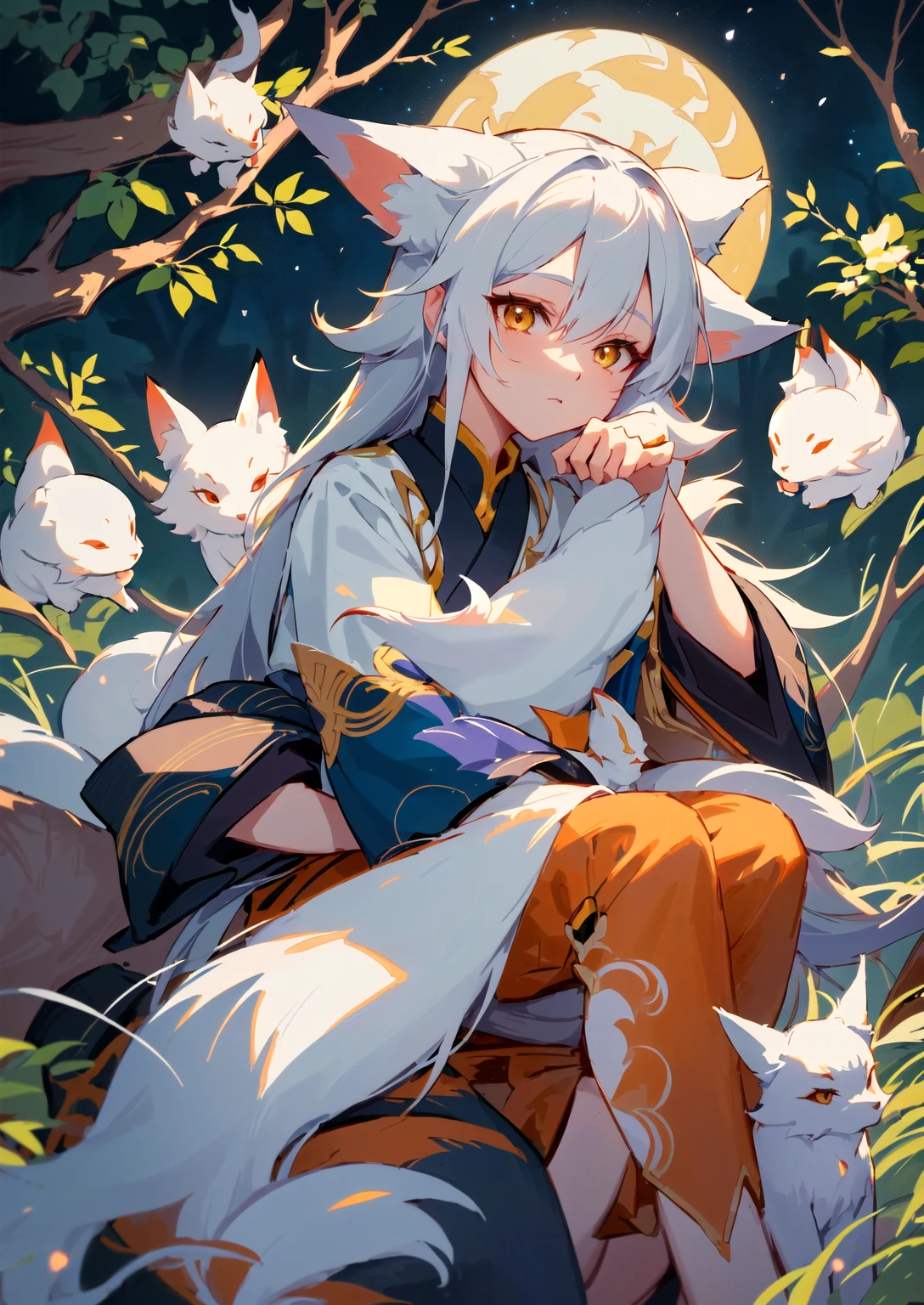 Anime style images，A woman sitting with a cat in the forest, White fox, narrow, author：Yang J, Genshin Impact, Popular on artstation pixiv, keqing from Genshin Impact impact, Onmyoji detailed art, Beautiful fox lady, White Fox Animation, White cat girl, a beautiful narrow woman, by Shitao, Anime Illustrations
