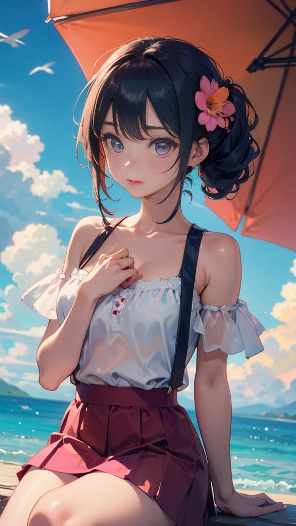 Beautiful and charming woman in fashion trend, whole body: 1.6, Holding flowers, Random Hairstyle, Sitting under a parasol, at the seaside, Random color tight suspender skirt, Wind blowing hair, Blue sky and white clouds, Exquisite and sexy clavicle, Cover the chest, Charming goose egg face, Double eyelids, Bright peach blossom eyes, pink lips, Small upturned nose, Bare shoulders, focused face, Close-up of face, Ultra HD, Super Detail, Ultra-thin translucent, Fresh, transparent, pink