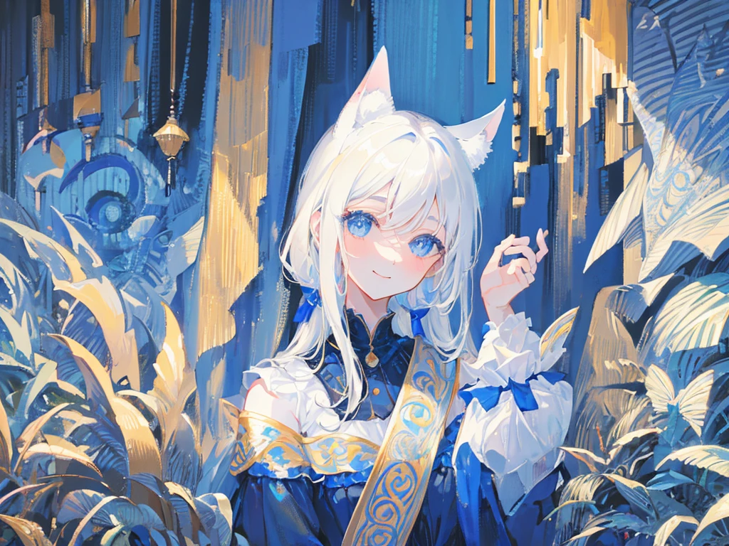 (masterpiece: 1.2, best quality), (real picture, Intricate details), 1 woman, Solitary, Upper Body, Random, Shoulder-length hair, Minimalist Makeup, Natural fabrics, Close-up of face, Smile, Home, White hair, blue eyes, Cat ears,