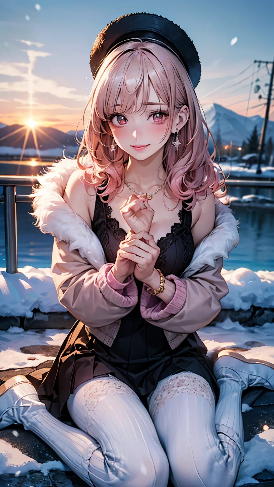 (masterpiece:1.3, Highest quality, Ultra-high resolution, Super detailed), (Realistic, photoRealistic:1.4), Beautiful illustrations, Perfect lighting, Natural light, colorful, Depth of written boundary,
Beautiful detailed hair, Beautifully detailed face, Beautiful attention to detail, Beautiful clavicle, Beautiful body, Beautiful breasts, Beautiful thighs, Beautiful feet, Beautiful fingers,
View your viewers, whole body, 1 girl, Princess, Perfect Face, (Perfect Anatomy, Anatomically correct), Cute and symmetrical face, Baby Face, Glowing Skin, (Tsundere:1.3),
({short hair | Long Hair}, Curly Hair, Light pink hair), bangs, Brown eyes, Droopy eyes, Long eyelashes, (Medium chest), thin, hair ornaments, Lace-trimmed hairband, necklace, Earrings,
((Pink jacket), sweater, loose socks, ), Sleeves are longer than the wrist, White Hat, Leg warmers, jewelry, Fur trim, pom-pom (Clothes), socks, pantyhose, Long sleeve, White fur trim_boots,
(Beautiful views), evening, Mountain, snow, winter, (snowing:1.2), snowflakes, Dynamic pose, (Captivating smile, Upward glance, Lips parted),