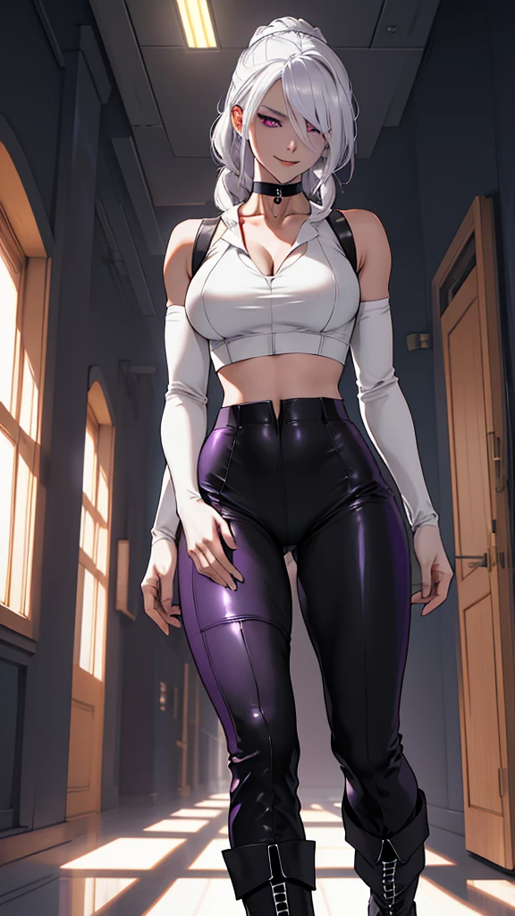 masterpiece, best quality, highres, highly detailed,  ((sexy fit waifu:1.3)), plump medium breasts, pale skinned girl, eye-shadow, blacked-out eyes, long straight silvery white hair, (black choker), (formfitted croptop), (purple form-fitting pants), (thigh squeezing boots), she walks menacingly down a demily lit scifi ship corridor. With an evil smirk on her pretty face.