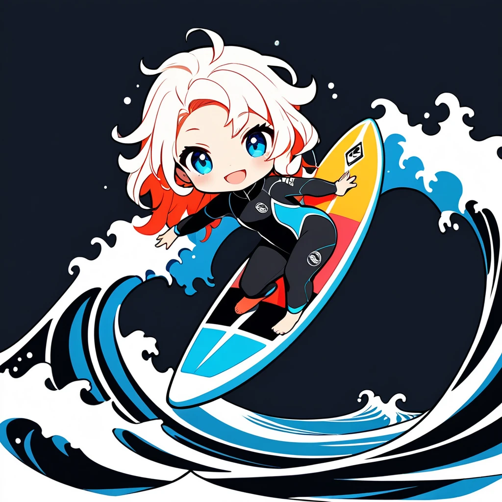 ultra-small deformation, Chibi Cute, 1girl, solo, full body, professional surfer, wet suit, surfing on top of her surfboard in tube of wave, High contrast and vivid color, simple background