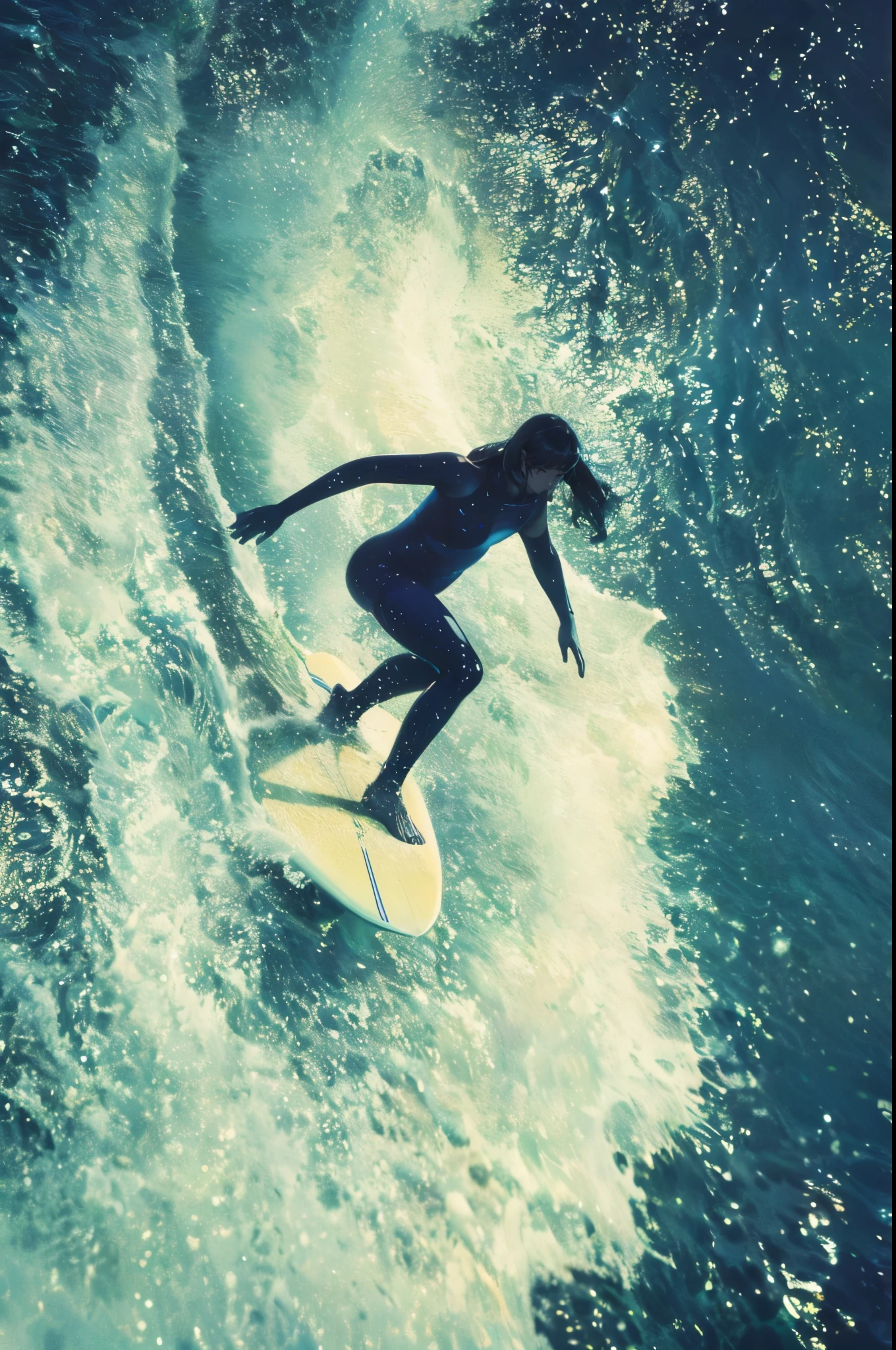 beautiful woman lying on a surfboard, paddling to catch a wave, ocean, sunset sky, golden hour lighting, realistic, photorealistic, 8k, best quality, extremely detailed, masterpiece, dramatic lighting, cinematic atmosphere, vibrant colors, serene ocean waves, sandy beach in the background