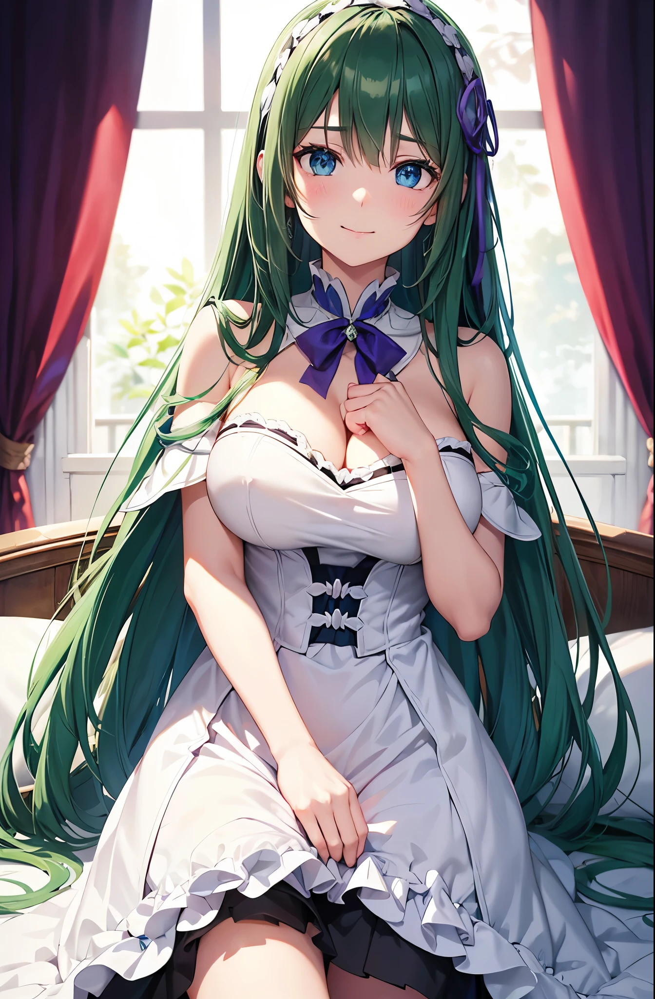 Blue eyes, dark dark green hair, darker hair color, voluminous dark green hair voluminous dark green hair, long straight hair, strong gaze, looking at me shyly, sparkling eyes, dress like Emilia from "Re:Zero Kara Hajimari no Isekai Seikatsu" , white armor dress, large white cape with one-pointed purple pattern on white background, purple hairpin, in dark room in a dark room with a sofa, focus on face, fresh smile, big droopy eyes, blue eyes, cute expression