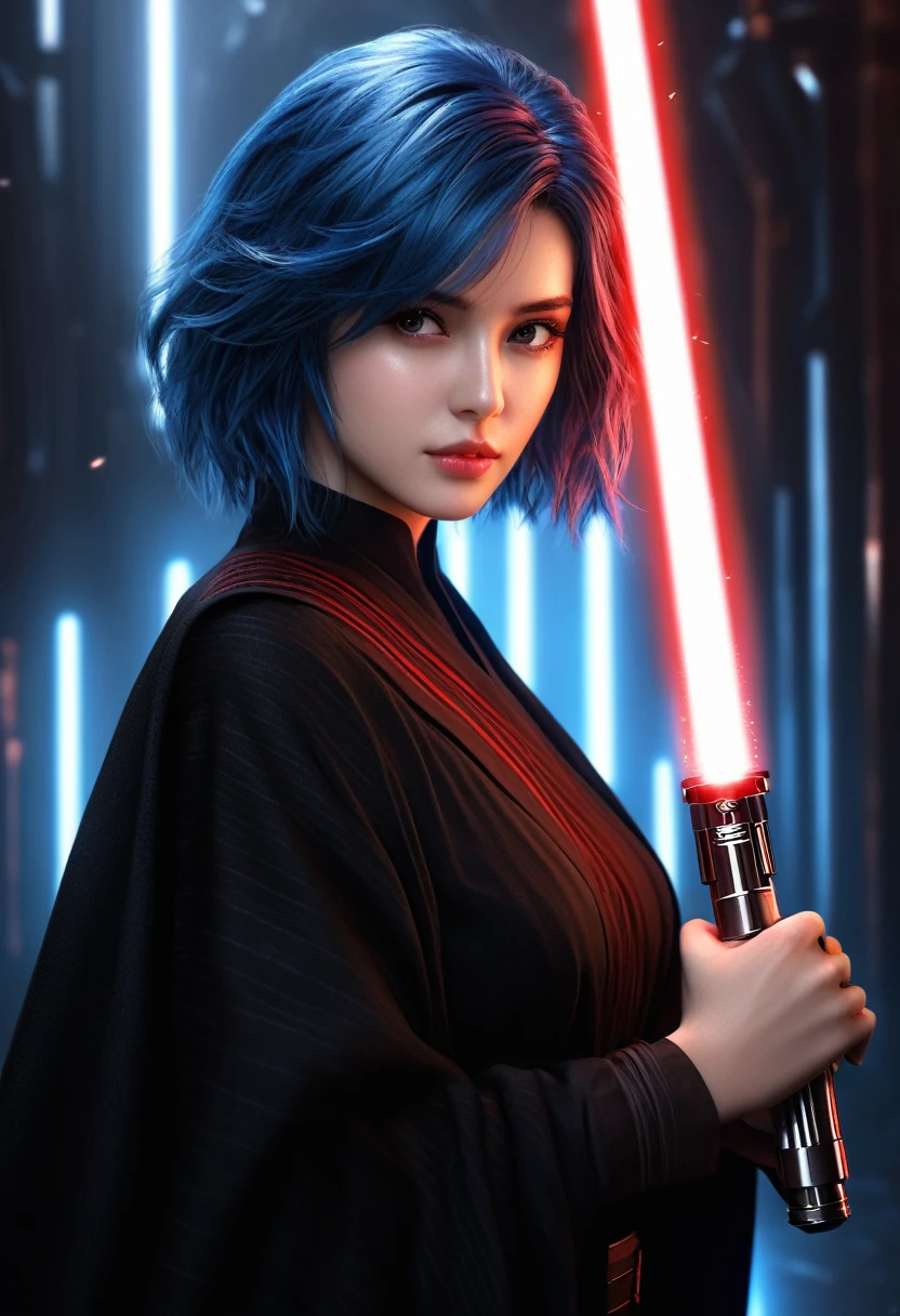 in focus, dark epic background, gorgeous lifelike, dynamic pose, a young lady, (highly detailed face and eyes:1.3), confident expression, holding red lightsaber in his hand, medium shot, hyper details, lighting art, cinematic, insane details, intricate details, hyperdetailed, goth, fractal, dark shot, big , sith (star wars), full body, short hair, blue hair