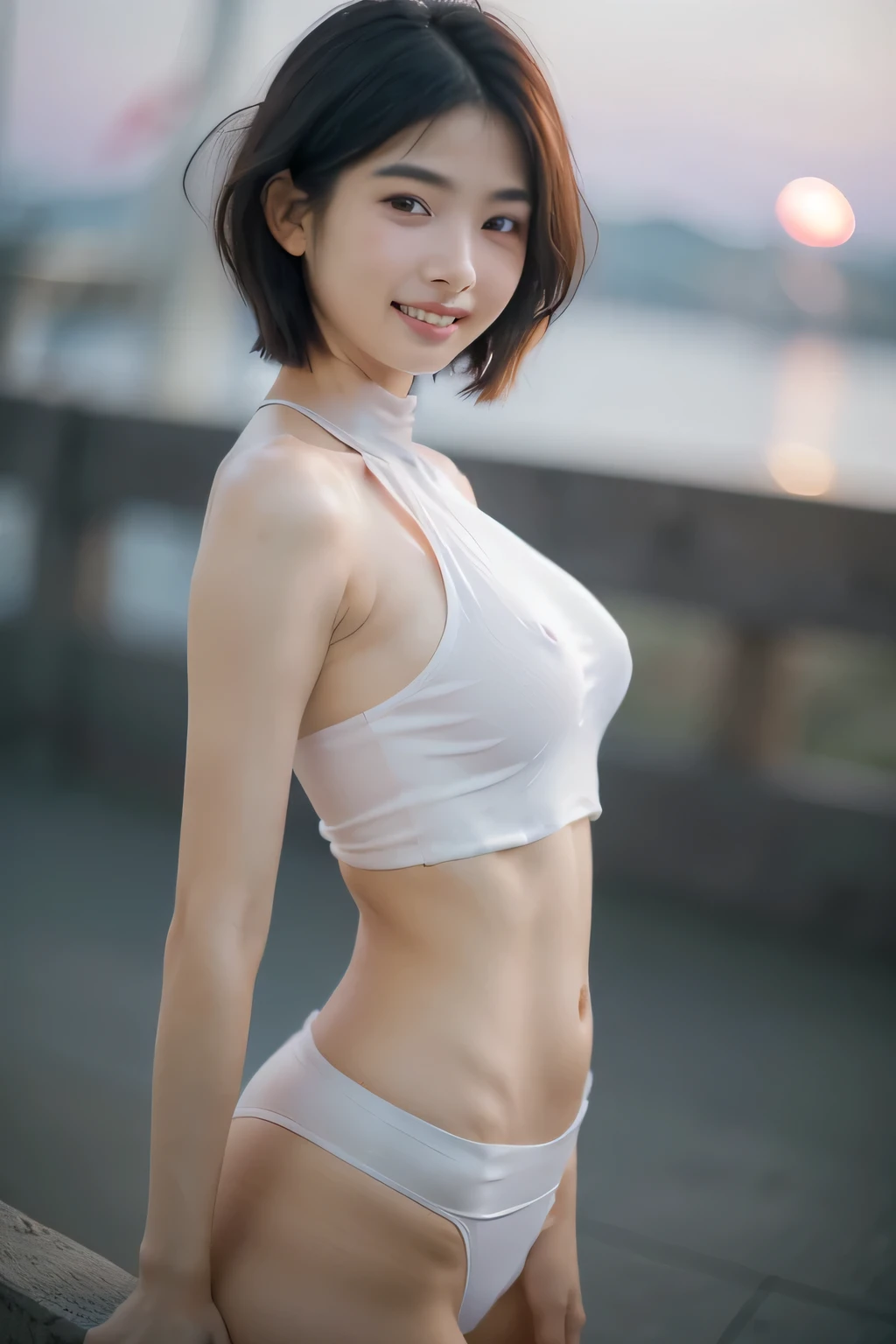 (Hyper Reality: 1.35), (Realistic: 1.4), A beautiful Japanese woman, smile, alone. masterpiece, 最high quality, high quality, alone, Very good, Latin, puberty, Only one girl, Well-trained, muscular, (((Slender figure)), ((slim body)), large breasts,  ((最high quality)),((Hello)),((Very delicate and beautiful)),((Very shallow depth of field)), Hmph,((Incredibly shallow depth of field)). family friendly)), (((Very delicate and beautiful)), (((Very shallow depth of field))), Hmph, (((Unbelievably absurd))), (((Black Hair )), (((Shortcuts))), (((Bob Hair))), ((( Camera Eye)))), (((small ))), (((smile))), poor, my + background, Dynamic Angle, Focus on women, {Particles of light}, Detailed background, Soft lighting, (dramatic) , sunset, very beautiful sunset, Live Action, Realistic, (blurred background), ((13 years old)),, (((wind:1.5))), ((Movement)), ((emotion)), ((colorful)), ((Baby Face)), ((Beautiful Teeth)), Wither, sea background, No makeup, full body, high neck, Sleeveless, silver  clothes, turtleneck,(((underboob))), (((sideboob))) , Very fair skin, 