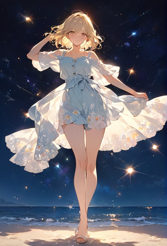 ((masterpiece)),(((Highest quality))),
Thin thighs,Long legs,whole body:1.5,(One Girl:1.3),
(More great casual summer outfits:1.3),(Wear light casual clothing:1.2),
Short Blonde:1.2、Model pose,
flowerpunk、
Sparkling light particles、Vivid gradient effect