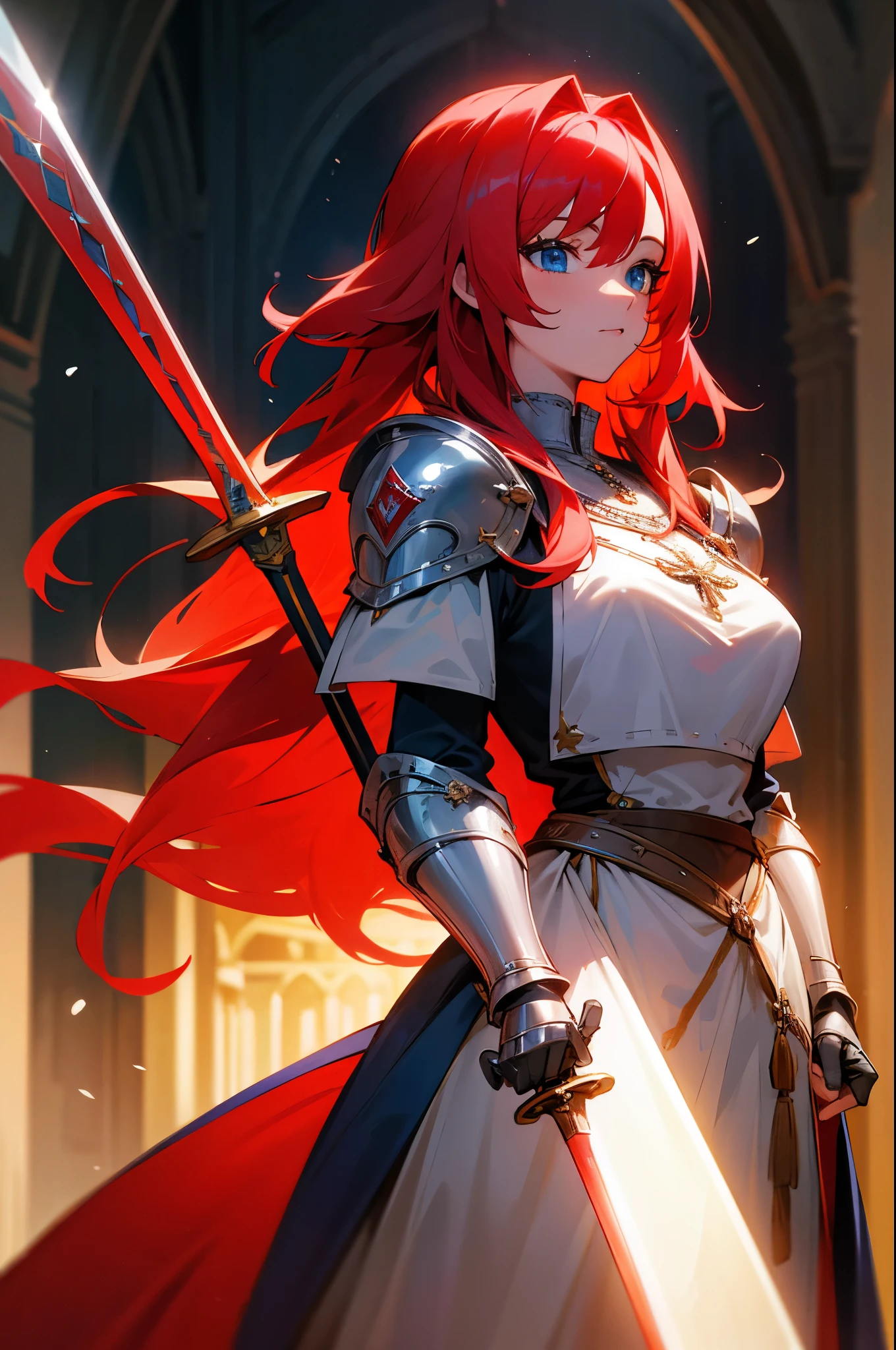 4K,hight resolution,One Woman,Bright red hair,Longhaire,Blue eyes,Knights,white holy armor,jewel decorations,Big sword,medieval town