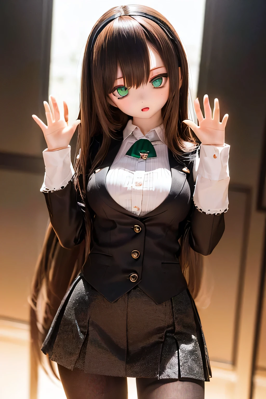 (SFW:2), photorealistic, realistic photo, 8k, ((highest quality)), ((masterpiece)), (extremely detailed), kukolnydom, doll, (mature woman, 21yo, 21 years old, solo:1.6), ((cowboy shot, head tilt, waving, slim, slender, skinny, medium breasts, hairband, ascot, vest, blouse, long ???? sleeves, pleated skirt, black pantyhose)), (green eyes, brown hair, long hair, plastic skin, looking at another, glass eyes, gradient eyes, shining eyes, detailed eyes:1.3)