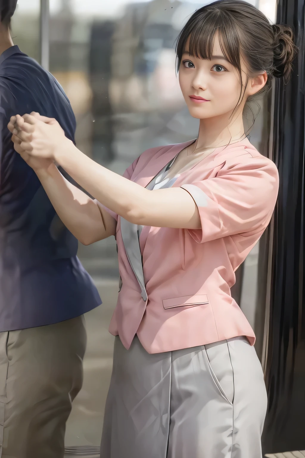 (masterpiece:1.2, Highest quality:1.2), 32k HDR, High resolution, (alone、1 girl)、(On the roof of a building in the daytime、Professional Lighting)、Building rooftop background、(Nankai train crew uniform pinkを着たリアルスタイル)、(Nankai Railway crew uniform, pink, short sleeve, collarless, pink jacket、No-collar short-sleeve blouse、Grey knee-length culottes)、((The bottom of the pink short-sleeved jacket cannot be tucked into the clay-colored culottes..))、Dark brown hair、(Hair tied up、Chignon)、Dark brown hair、Long Shot、Big Breasts、Thin legs、((Great hands:2.0)),((Harmonious body proportions:1.5)),((Normal limbs:2.0)),((Normal finger:2.0)),((Delicate eyes:2.0)),((Normal eyes:2.0)))、smile、(A beautiful figure showing off the Nankai Railway crew uniform)、Bring your hands down