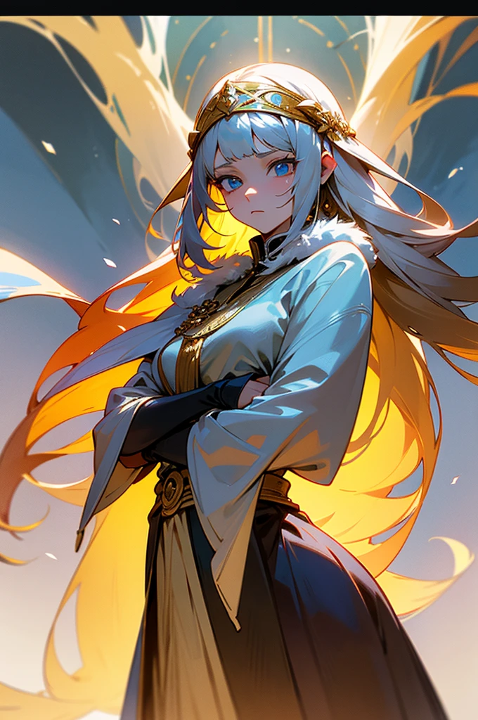 A girl with long golden hair, choppy bangs, Nordic heritage, a figure, delicate facial features, pale skin, porcelain skin, an innocent yet determined gaze, she wears an exquisite headband, dressed in a fantasy-style Slavic royal dress, a fur shawl draped over her shoulders, wide sleeves, a luxurious layered skirt, the background features a fantasy-style royal castle, this character embodies a finely crafted fantasy-style Slavic princess in anime style, exquisite and mature manga art style, high definition, best quality, highres, ultra-detailed, ultra-fine painting, extremely delicate, professional, anatomically correct, symmetrical face, extremely detailed eyes and face, high quality eyes, creativity, RAW photo, UHD, 32k, Natural light, cinematic lighting, masterpiece-anatomy-perfect, masterpiece:1.5

