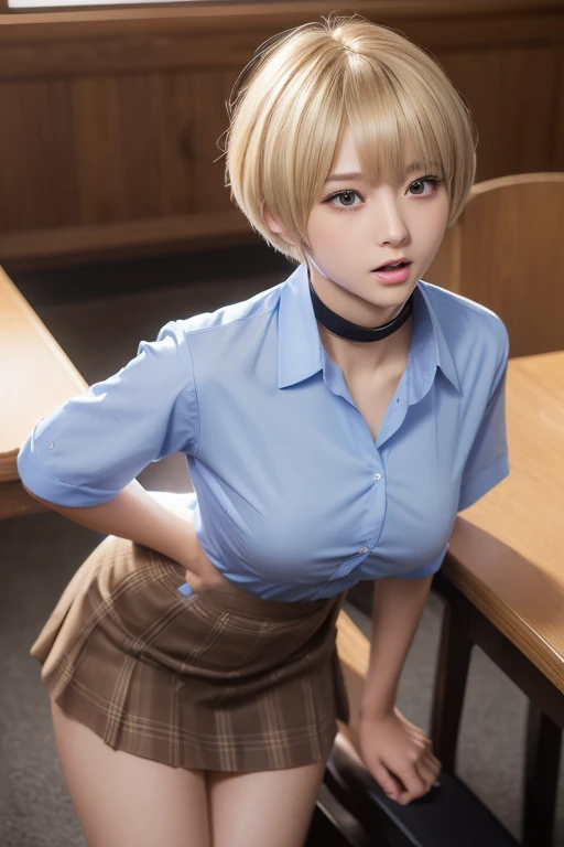 (Highest quality, 4K, 8k, High resolution, masterpiece:1.2), Very detailed, (Realistic, photoRealistic, photo-Realistic:1.37),Japanese,classroom、(Dull blonde pixie cut)、Black choker,high school girl、woman,high school、Orgasm Facial、Big Breasts、Light blue shirt、Brown checked miniskirt