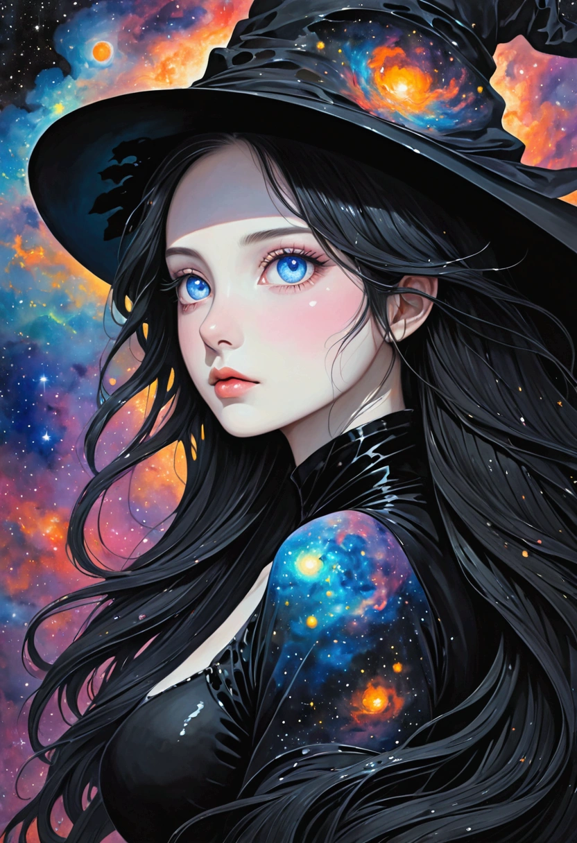 ((Inspired by Imeon Solomon))，Creepy witch，Mixed media abstract artwork，With striking eyes and long hair，Very detailed eyes，Medium breasts，（art），（在画布 1 上涂抹nebula色彩.2），[Gentle，Wet，Shiny dripping paint]，ink，Pencil shadow，Awards，（Perfect composition），（nebula：0.5），（galaxy：0.5）
