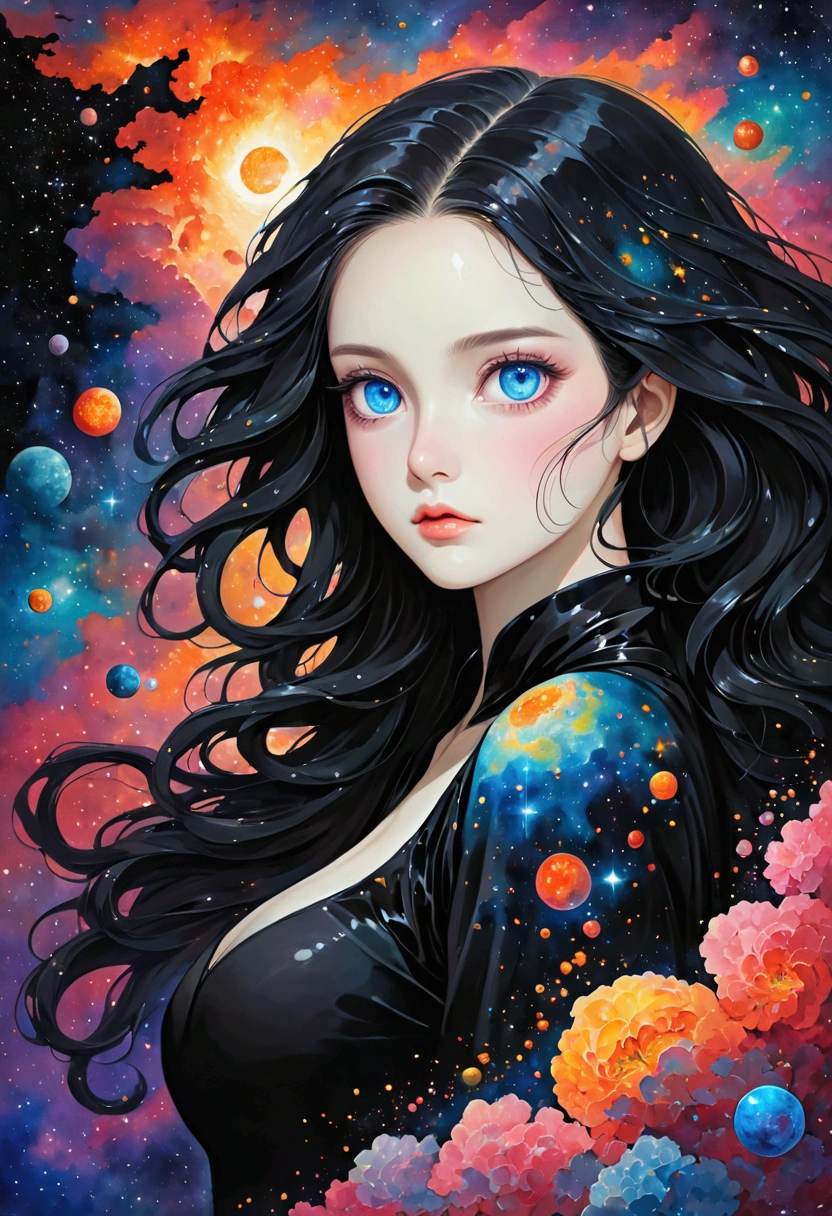 ((Inspired by Imeon Solomon))，Creepy witch，Mixed media abstract artwork，With striking eyes and long hair，Very detailed eyes，Medium breasts，（art），（在画布 1 上涂抹nebula色彩.2），[Gentle，Wet，Shiny dripping paint]，ink，Pencil shadow，Awards，（Perfect composition），（nebula：0.5），（galaxy：0.5）