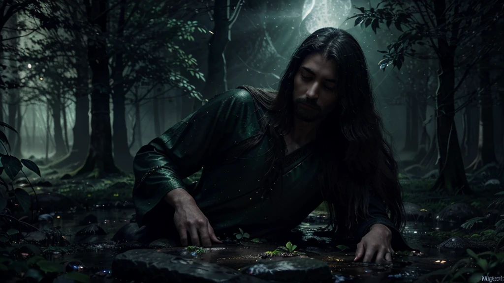 In a dark fantasy setting, Jesus rests beside a mystical spring, His face glowing with both beauty and solemnity. Moonlight filters through dense foliage, casting an enchanting glow on His features. This juxtaposition of light and shadow creates an atmosphere of mysterious healing, appealing to those who seek solace in the midst of darkness. *(Dark fantasy illustration, mystical spring, enchanting glow)*