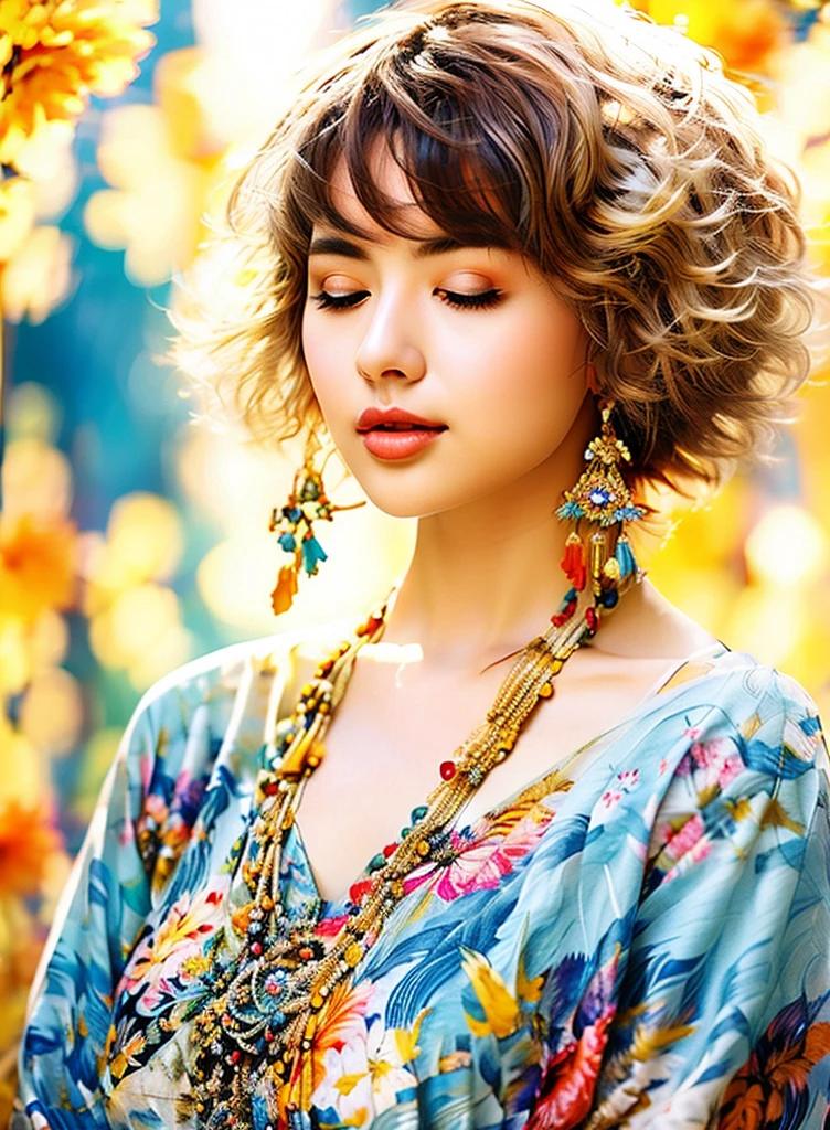 Create an ethereal and serene image of a young woman standing in a vibrant, sunlit meadow filled with blooming wildflowers. She should be wearing a flowing, bohemian-style outfit with intricate, colorful patterns. Her arms are slightly raised, and her head is tilted back with her eyes closed, as if she is feeling the warm breeze and connecting with nature. The sky above is bright blue with fluffy white clouds, and flower petals are gently floating in the air around her, adding a magical touch to the scene.