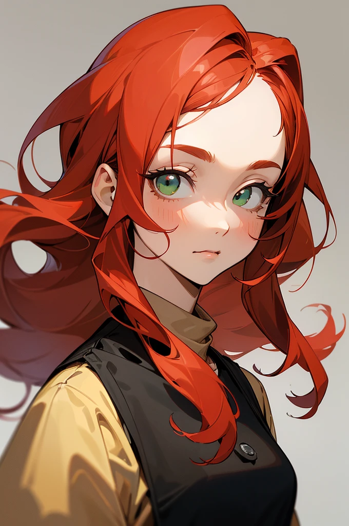 (Excellent quality), (high resolution), (absurd play), ((adult woman)), Red hair, Shaggy hair, curly longhair, ((Clerk)), character looking at the camera, face detailed, ((Mediovale)), ((bang)), (((simple clothing))), (portraite), (small eyes), greeneyes, skin tanned