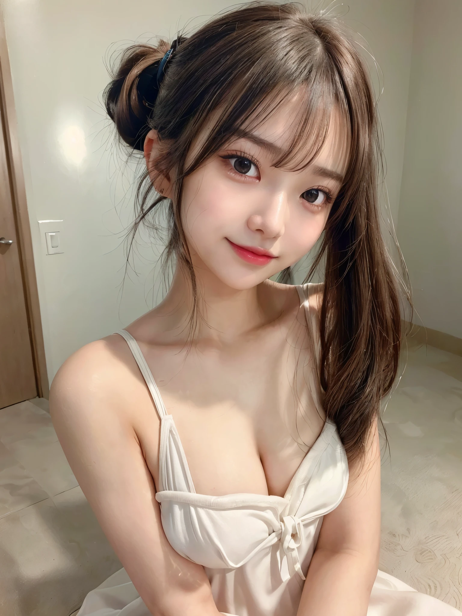 Beach,Resort,White Bikini,Face close-up,blush,Look forward,Face close-up,Small breasts,,Long hair ponytail,((8k, RAW Photos, Highest quality, masterpiece:1.2), (Realism, Realistic:1.4), (Highly detailed 8K wallpapers), Written boundary depth, Cinema Lighting, Soft Light, Detailed beauty eyes,Shiny and smooth light brown ポニーテール, Asymmetrical bangs, Glowing Skin, Highly detailed skins ,High resolution., Attention to detail, Detailed hairstyle, Attention to detail顔の美しさ, ultra-realistic, Perfect limbs, Perfect Anatomy ,1 Japanese girl,Famous idols of Japan, Perfect female body,A shy smile,short eyelashes,double eyelid,Look straight here,Large Breasts, smile, Standing posture,sexy legs,