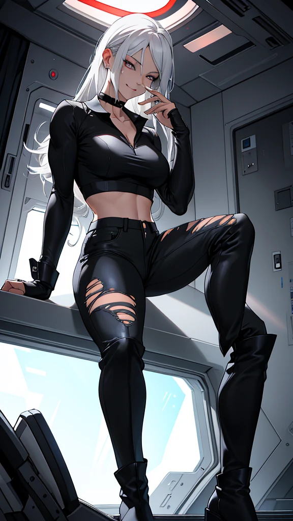 masterpiece, best quality, highres, highly detailed, ((sexy fit waifu:1.3)), plump medium breasts, pale skinned girl, eye-shadow, blacked-out eyes, long straight silvery white hair, (black choker), (formfitted high cut croptop), (torn form-fitting pants), (thigh squeezing boots), she's sitting in a spaceship bedroom. With an evil smirk on her pretty face.