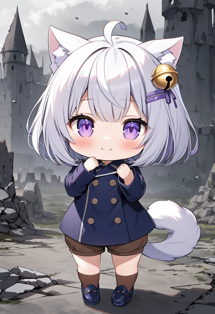 master piece, best quality, ultra-detailed, illustration, 1girl, solo, chibi, (big head), cute pose, front view, looking at viewer, ((full body Close up)), Filiansailor, (purple hairclip:1.4), (hair bell:1.5), white hair, short hair, cat ears, ahoge, purple eyes, blush, smiling, fluffy tail, ((dark blue 6buttons peacoat)), long sleeves, brown knee length shorts, brown knee socks, (dark blue shoes) , battlefield background, gloomy atmosphere, broken castle, broken walls, broken windows