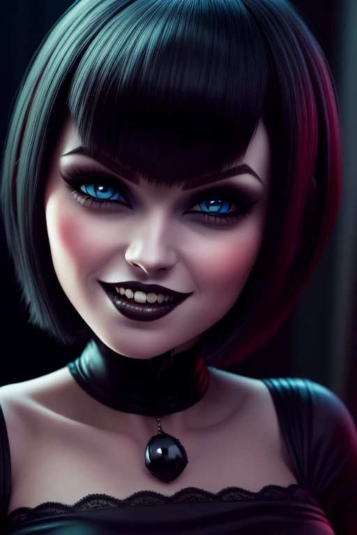 mavis dracula , Hotel Transylvania, short hair, blue eyes , Black full lips and detailed face gothic makeup, teeth fangs vampire, beautiful and aesthetic image 1.2 high resolution 12k