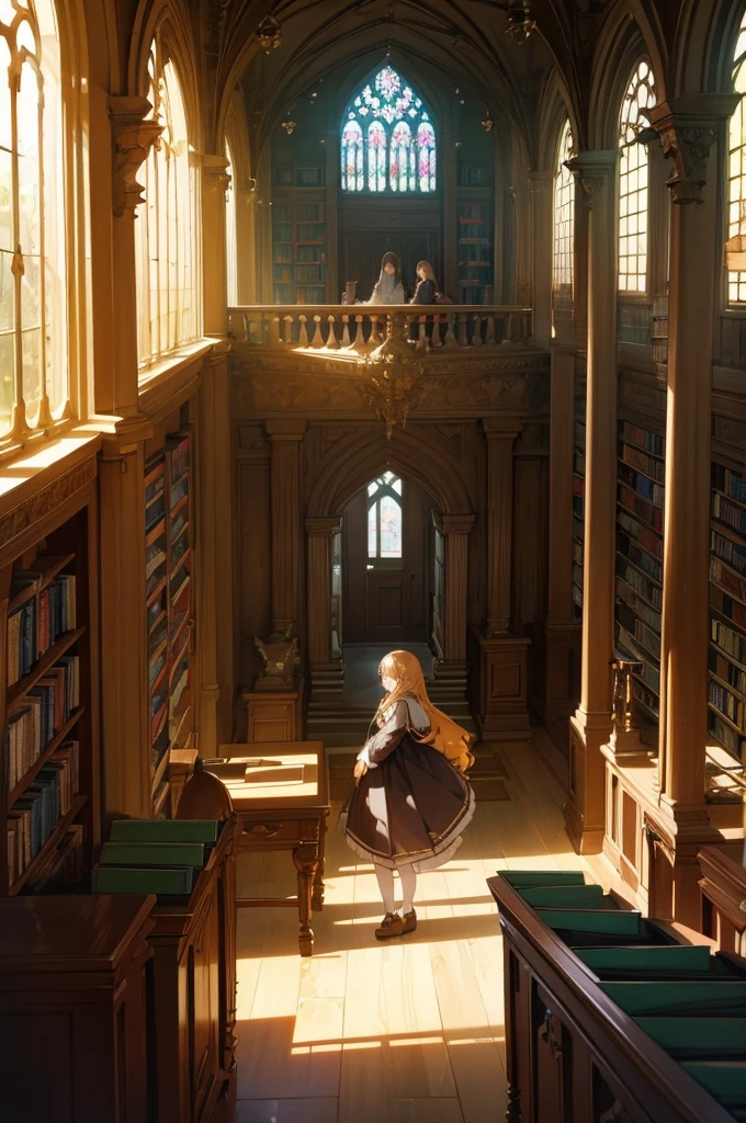 "(best qualityer,4K,8k,high resolution,work of art:1.2),ultra detali,realisitic:1.37,colorful anime girl in an old library, surrounded by dusty books on a high shelf,bright coloured,soft lighting,anime styling,detailedeyes,Long wavy hair,focused expression,antique wooden shelves with complex carvings,table full of books nearby,soft sunlight streaming through stained glass windows,quiet and serene atmosphere"
