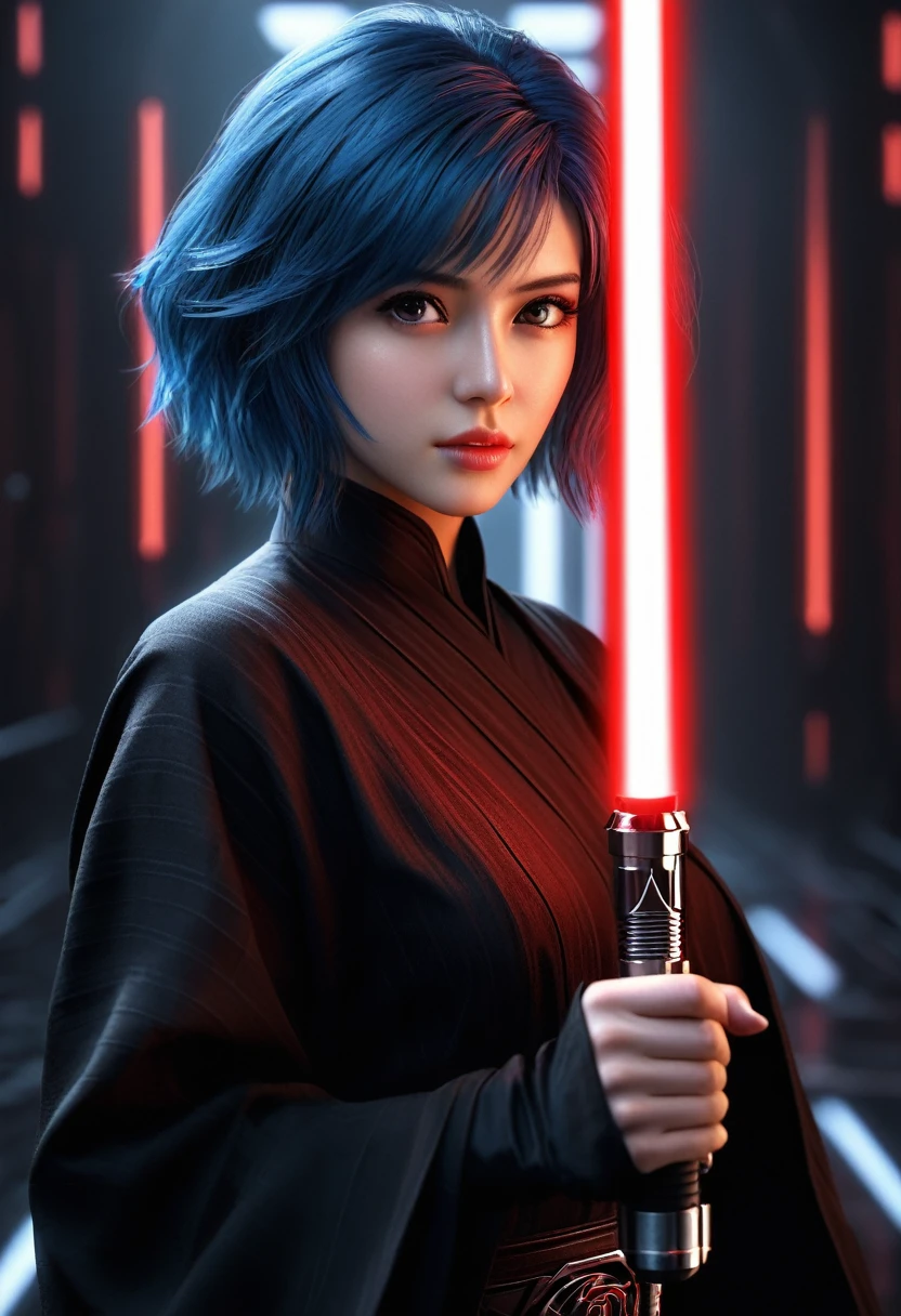 in focus, dark epic background, gorgeous lifelike, dynamic pose, a young lady, (highly detailed face and eyes:1.3), confident expression, holding red lightsaber in his hand, medium shot, hyper details, lighting art, cinematic, insane details, intricate details, hyperdetailed, goth, fractal, dark shot, big , sith (star wars), full body, short hair, blue hair, perfect hands