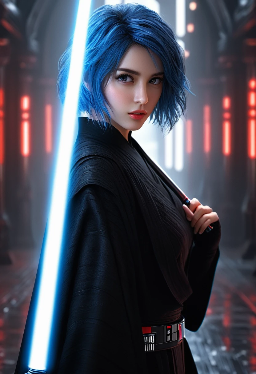 in focus, dark epic background, gorgeous lifelike, dynamic pose, a young lady, (highly detailed face and eyes:1.3), confident expression, holding red lightsaber in his hand, medium shot, hyper details, lighting art, cinematic, insane details, intricate details, hyperdetailed, goth, fractal, dark shot, big , sith (star wars), full body, short hair, blue hair, perfect hands