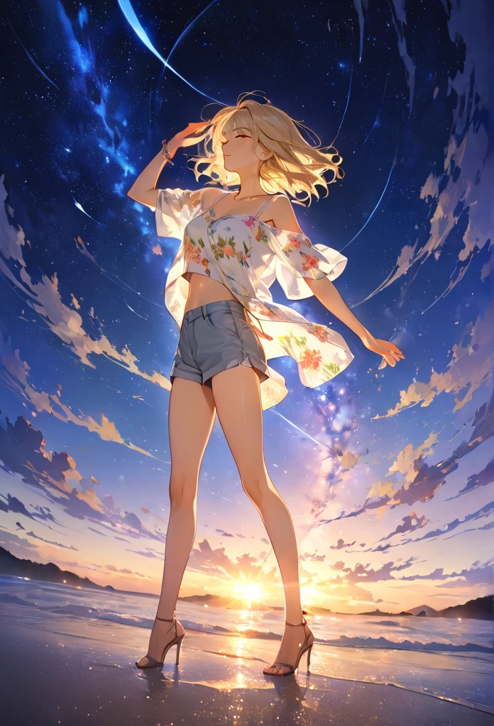 ((masterpiece)),(((Highest quality))),
Thin thighs,Long legs,whole body:1.5,(One Girl:1.3),
(More great casual summer outfits:1.3),(Wear light casual clothing:1.2),
Short Blonde:1.2、Model pose,
flowerpunk、
Sparkling light particles、Vivid gradient effect