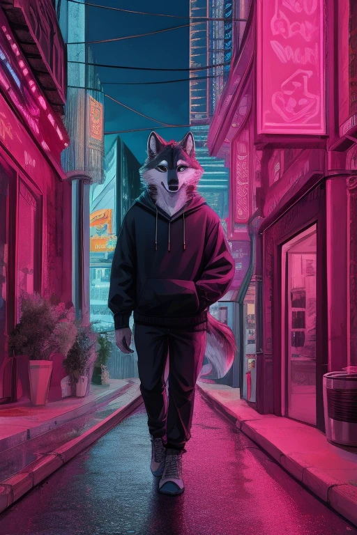 An anthropomorphic wolf walking in a neon city, wearing a sweatshirt 