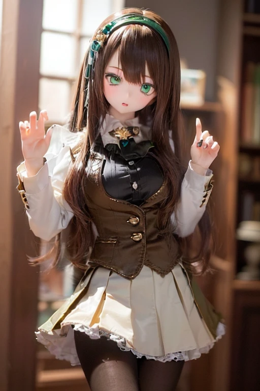 (SFW:2), photorealistic, realistic photo, 8k, ((highest quality)), ((masterpiece)), (extremely detailed), kukolnydom, doll, (mature woman, 21yo, 21 years old, solo:1.6), ((cowboy shot, head tilt, waving, slim, slender, skinny, medium breasts, hairband, ascot, vest, blouse, long puff sleeves, pleated skirt, black pantyhose)), (green eyes, brown hair, long hair, plastic skin, looking at another, glass eyes, gradient eyes, shining eyes, detailed eyes:1.3)