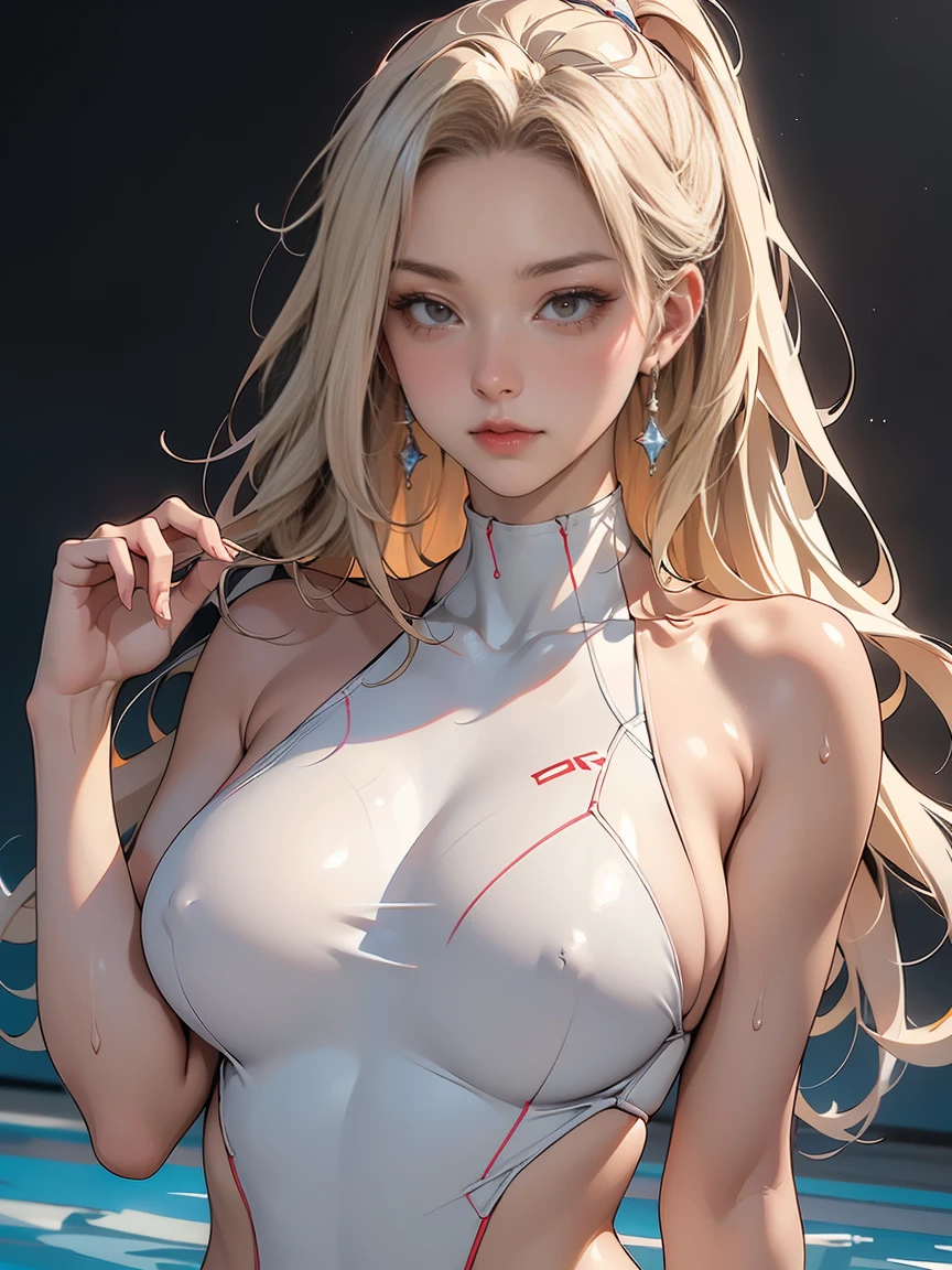 ((masterpiece, Highest quality, High resolution, Highly detailed CG integrated 8K wallpaper)), (Huge and stunning goddess shot, Very hot and sexy, Incredible beauty, Perfect Proportions, Beautiful body, Slim body beauty:1.3), Olympic Games, Swimming Stadium at night, Female athletes preparing under the lights, Wet body, sweating, Glowing Skin, Oiled body, Blonde, Brown Skin, Wearing a swimsuit, The white swimsuit monokini is wet and transparent.Holding a precious ball.